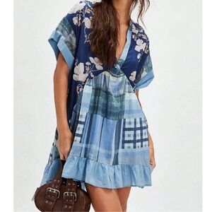 Boho Floral Print Ruffle Hem V Neck Short Sleeve Dress S M L XL